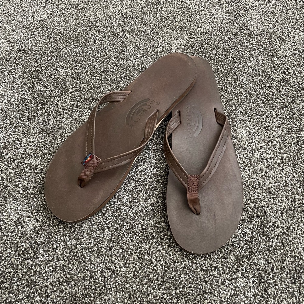 Rainbow leather flip flops